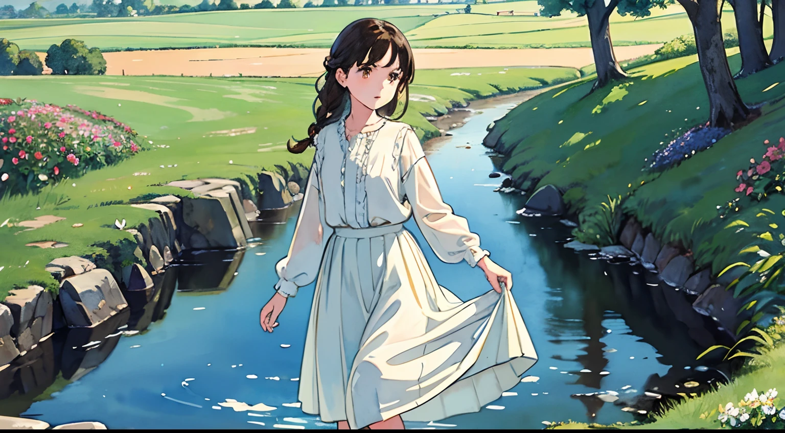 (Watercolor in Sargent style)、(top-quality、​masterpiece)、Soft light、View of the Cotswolds,Old farmhouse、rivulets、flower bloom、One lady、dark brown hair、Braided hair、White blouse and long skirt、picnic、Wet your feet in a small creek、Stand up and lift the bottom of the skirt、