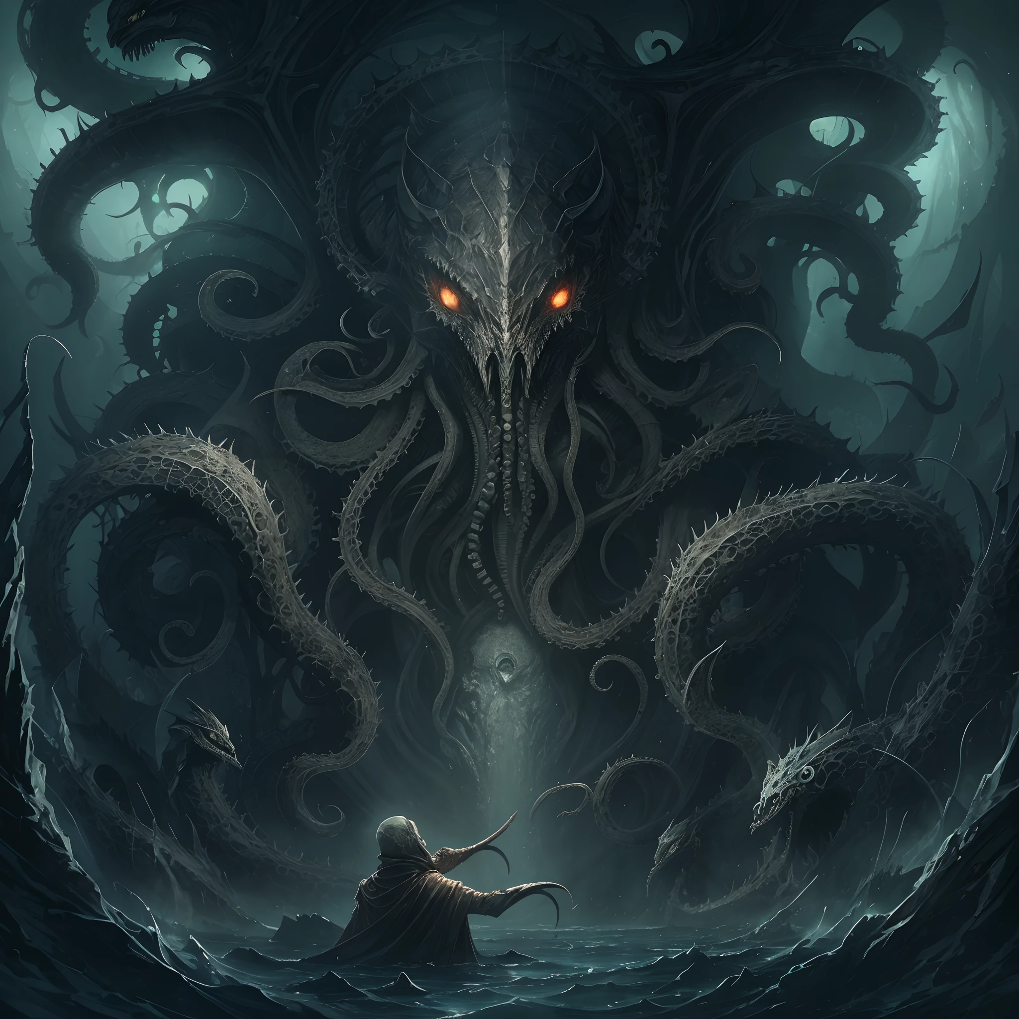 In the depths of cosmic expanse, a dark deity awakes,
Cthulhu, the ancient one, with tentacles that make hearts quake.
A being of immense power, beyond mortal comprehension,
Emerges from the abyss, heralding cosmic ascension.

With grotesque form and madness imbued,
Cthulhu, the great old one, brings terror and truth.
From the sunken city of R'lyeh, he rises,
With a cult of followers who are willing sacrifices.

But amidst this nightmare, a story unfolds,
Of a child born of chaos, a tale yet untold.
A being of both worlds, a hybrid divine,
With a heart that yearns for love, a soul that longs to shine.

For in that monstrous union, a glimmer of hope resides,
A creature destined to bridge the cosmic divides.
With a touch of humanity, born from forbidden embrace,
They embody duality, both horror and grace.

As they traverse this world, surrounded by fear,
They seek understanding, longing to be near.
The child of Cthulhu, born of ancient lore,
A symbol of unity, their fates intertwined forevermore.

For even in darkness, there's a flicker of light,
A ray of compassion, piercing through the night.
In the depths of their being, they find solace and peace,
Embracing their destiny, their love shall never cease.

So let us ponder this tale, of a father and ,
Of Cthulhu, the elder, and his offspring so wild.
For within the depths of horror, beauty can bloom,
And even in Lovecraftian nightmares, compassion finds room.