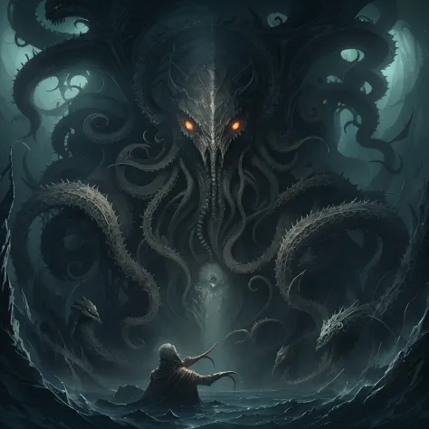 In the depths of cosmic expanse, a dark deity awakes,
Cthulhu, the ancient one, with tentacles that make hearts quake.
A being of immense power, beyond mortal comprehension,
Emerges from the abyss, heralding cosmic ascension.

With grotesque form and madness imbued,
Cthulhu, the great old one, brings terror and truth.
From the sunken city of R'lyeh, he rises,
With a cult of followers who are willing sacrifices.

But amidst this nightmare, a story unfolds,
Of a child born of chaos, a tale yet untold.
A being of both worlds, a hybrid divine,
With a heart that yearns for love, a soul that longs to shine.

For in that monstrous union, a glimmer of hope resides,
A creature destined to bridge the cosmic divides.
With a touch of humanity, born from forbidden embrace,
They embody duality, both horror and grace.

As they traverse this world, surrounded by fear,
They seek understanding, longing to be near.
The child of Cthulhu, born of ancient lore,
A symbol of unity, their fates intertwined forevermore.

For even in darkness, there's a flicker of light,
A ray of compassion, piercing through the night.
In the depths of their being, they find solace and peace,
Embracing their destiny, their love shall never cease.

So let us ponder this tale, of a father and child,
Of Cthulhu, the elder, and his offspring so wild.
For within the depths of horror, beauty can bloom,
And even in Lovecraftian nightmares, compassion finds room.
