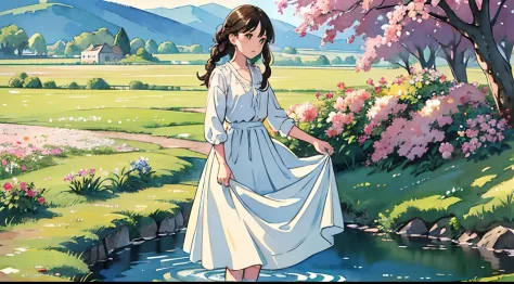 (Watercolor in Sargent style)、(top-quality、​masterpiece)、Soft light、View of the Cotswolds,Old farmhouse、rivulets、flower bloom、One lady、dark brown hair、Braided hair、White blouse and long skirt、picnic、Wet your feet in a small creek、Stand up and lift the bott...