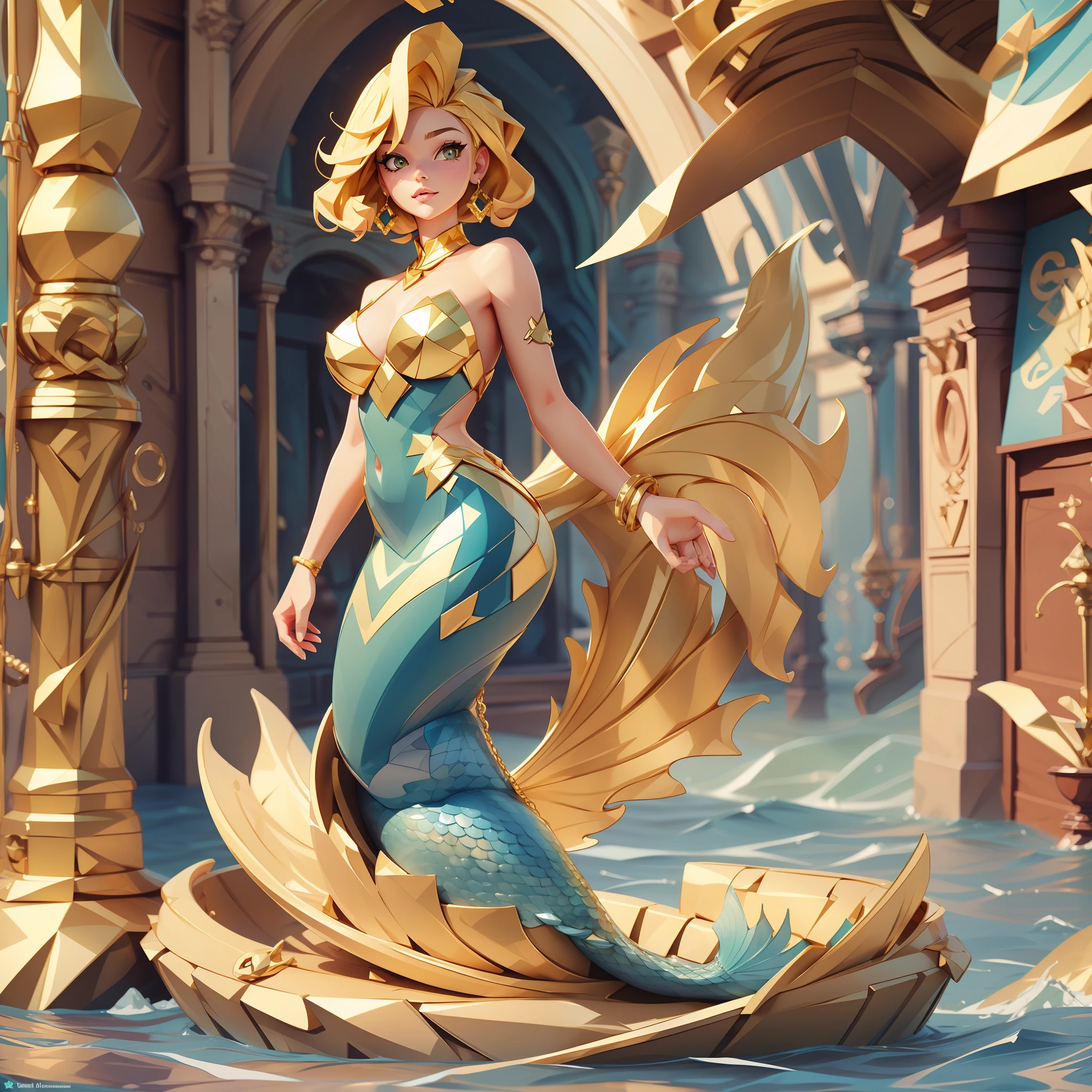 Mermaid, gold mertail, short blond hair, brown top, Access Pass, masterpiece, best quality