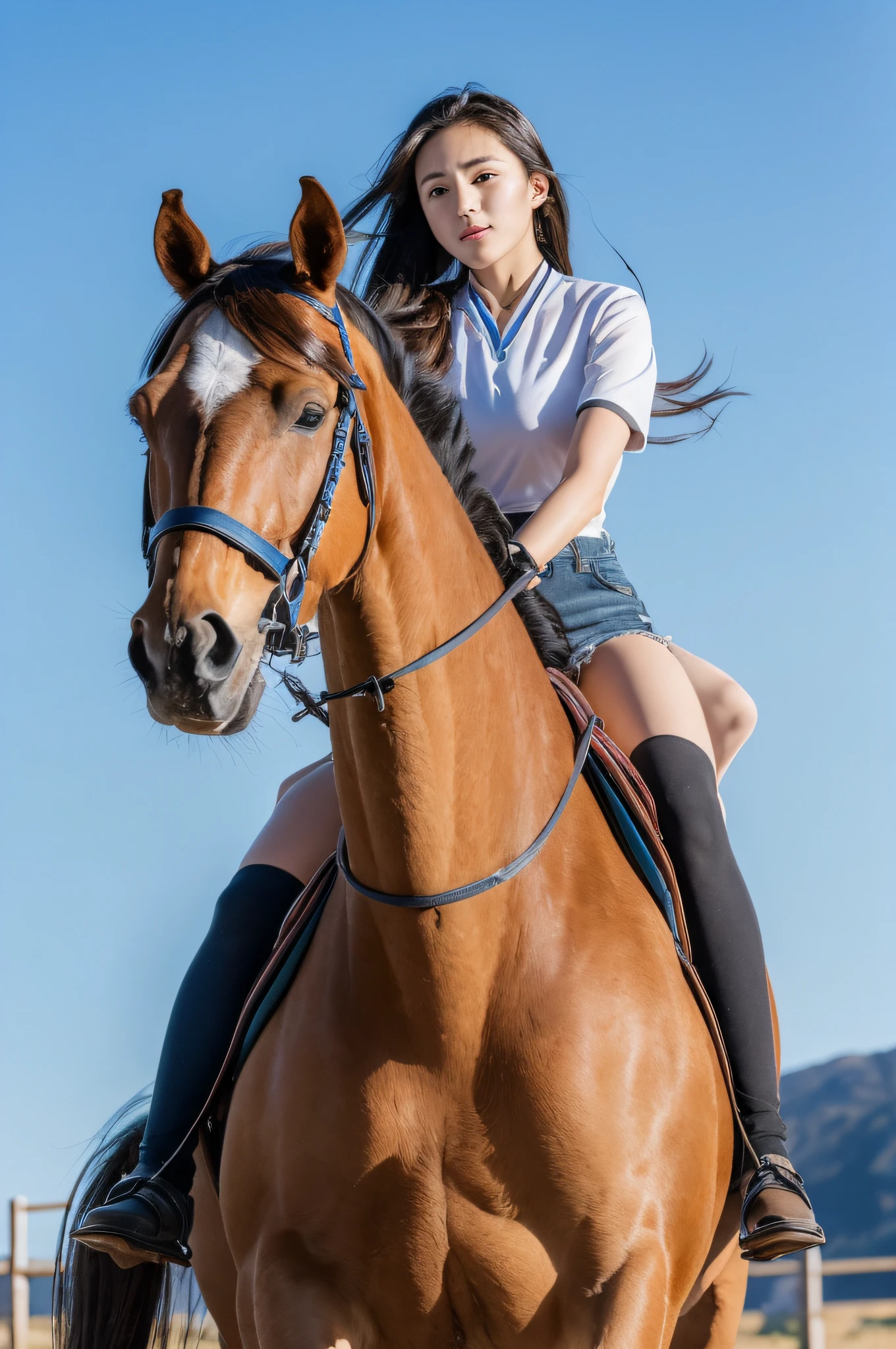 Woman riding a horse in a field with mountains in the background - SeaArt AI