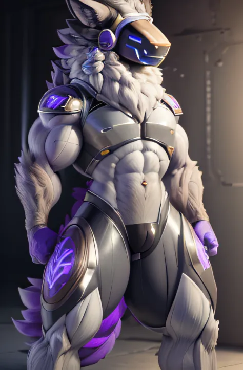(highly detailed illustration:1.2), best quality, masterpiece, solo, natural lighting, ((protogen:1.1)), (protogen face:1.1), (protogen visor:1.2), large tail, torso, white eyes, glossy fur, glossy hair, (black fur), standing, NSFW, explicit content, (grey...