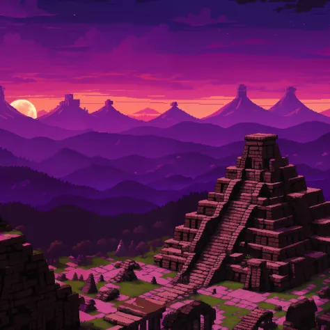 incredible fantasy landscape, gigantic medieval Mayan temple, at night, ((pixel art)), masterpiece, tones of purple and black