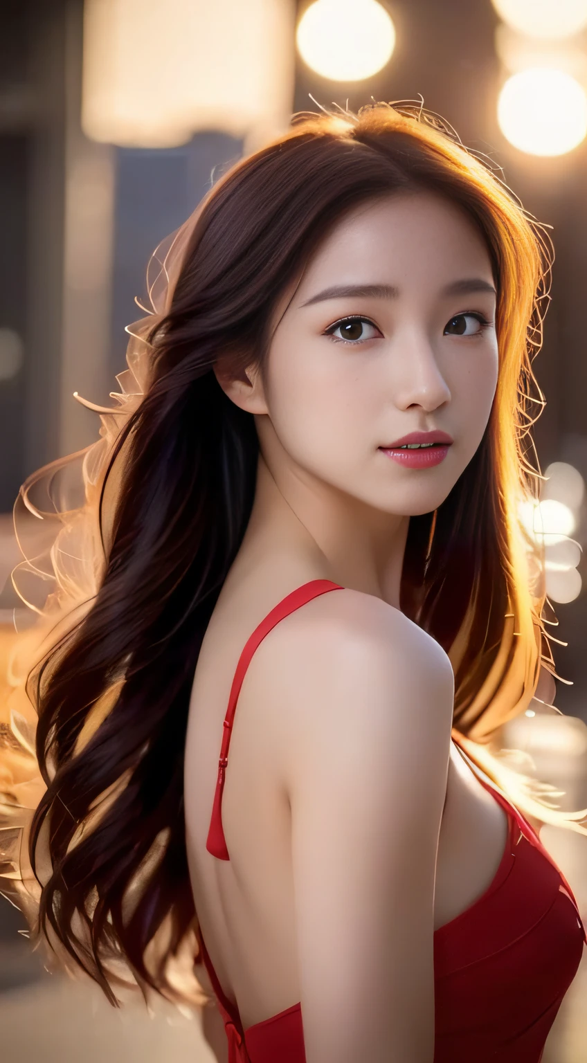 top-quality。８K-Picture。Ultra-high pixel。The background is the city at night。girl with。hair is long and slightly wavy,,,,,,,,,,,,,,,,,,,,,,,,,,,,,,,,,,,,,,,,,,,,,,,,,,,,,,,,,,,,,,,,,,,,,,,,,,,,,,,,,,,,,,,,,,,,,,,,,,,,,,,,,,,,,,,,,,,,,,,,,,,,。The color is dark brown。Glamour style、(((huge-breasted：1.8)))。wearing red dress、Photos dancing brilliantly。Delicate finish overall。The body line is gorgeous。legs are long、Wear red high heels。((Hair shines like a reflection of the street。The eyeball reflects the surrounding landscape。The skin is wet with night dew))。Almost perfect woman。((time々In close-up of the upper body))。The second highlighted part々I want you to express it in close-ups。(((Extra Big Beauty：1.8)))。