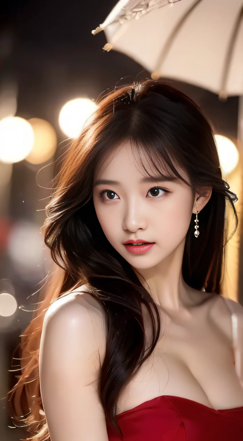 top-quality。８K-Picture。Ultra-high pixel。The background is the city at night。girl with。hair is long and slightly wavy,,,,,,,,,,,,,,,,,,,,,,,,,,,,,,,,,,,,,,,,,,,,,,,,,,,,,,,,,,,,,,,,,,,,,,,,,,,,,,,,,,,,,,,,,,,,,,,,,,,,,,,,,,,,,,,,,,,,,,,,,,,,,。The color is dark brown。Glamour style、(((huge-breasted：1.8)))。wearing red dress、Photos dancing brilliantly。Delicate finish overall。The body line is gorgeous。legs are long、Wear red high heels。((Hair shines like a reflection of the street。The eyeball reflects the surrounding landscape。The skin is wet with night dew))。Almost perfect woman。((time々In close-up of the upper body))。The second highlighted part々I want you to express it in close-ups。(((Extra Big Beauty：1.8)))。