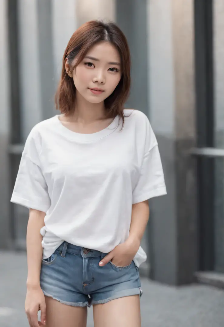 Full body of Japan woman in white t-shirt and denim shorts