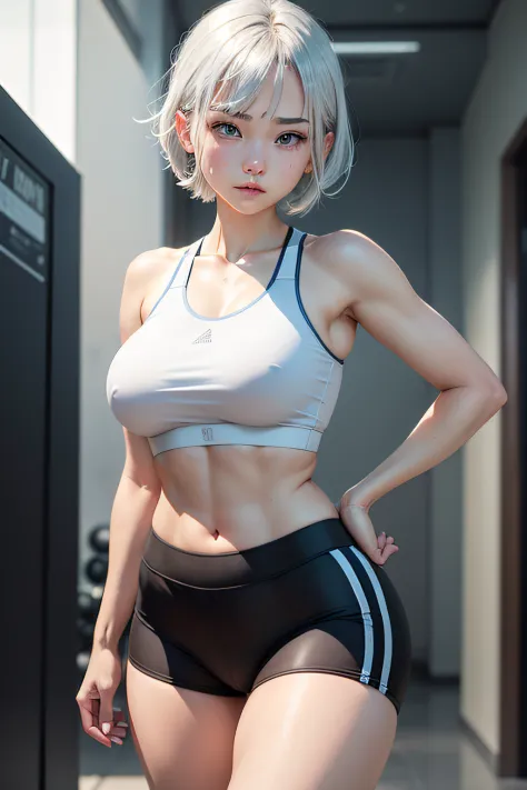 1 girl , asian , short silver hair , sweat white skin , blue eyes , masterpiece, cute,thin , thick thighs , charming, glossy lips, boobs , six pack, sport bra , short sport pants, gym , afternoon , very tired look