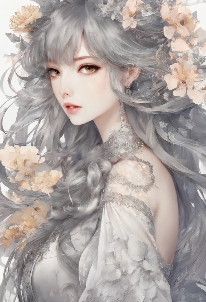 ​masterpiece、top-quality、hight resolution、High-quality images、8K、Silver metallic、grayscales、skin gloss、Texture of skin and clothing、detaileds、portlate、Detailed eye expression、Lustrous hair、poneyTail、Braided hair、full body Esbian、dong、spear、evening primrose、by mucha、