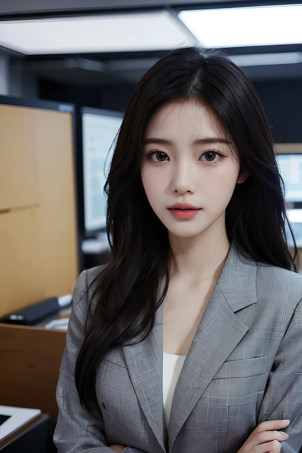 高解析度, 完美肌膚的韓國專業辦公室女士的真實肖像, 職業套裝, 站立姿勢，身體的上半部分，表現出自信和成熟, 周圍環繞著現代化的企業環境, 充滿活力且自然採光的亮點. 藝術品應強調她優雅的面部特徵, 包括迷人的長眼睛, 飄動的睫毛和誘人的嘴唇. 場景應增強專業性和視覺吸引力的元素，例如, 時尚的辦公桌, 大型電腦, 高解析度olution display, 以及複雜的文具. 整體基調要溫暖、專業, 擁有柔和自然的調色板. 藝術品應該散發出專業感, 成功, 和文化自豪感.