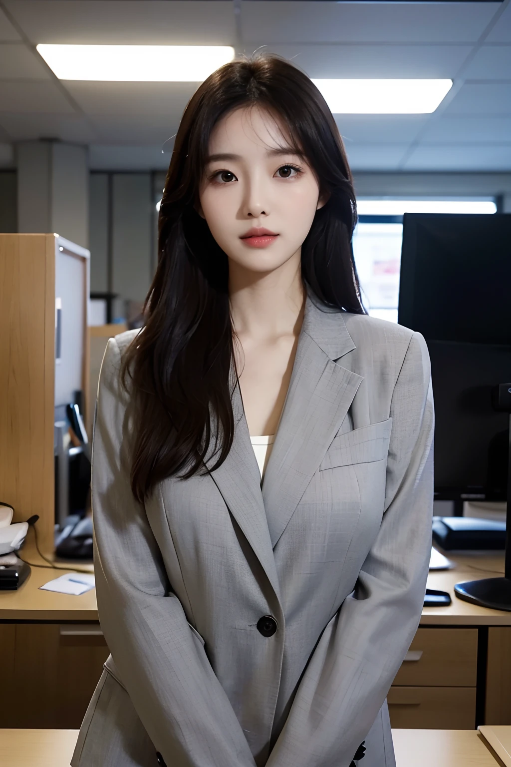 高解析度, 完美肌膚的韓國專業辦公室女士的真實肖像, 職業套裝, 站立姿勢，身體的上半部分，表現出自信和成熟, 周圍環繞著現代化的企業環境, 充滿活力且自然採光的亮點. 藝術品應強調她優雅的面部特徵, 包括迷人的長眼睛, 飄動的睫毛和誘人的嘴唇. 場景應增強專業性和視覺吸引力的元素，例如, 時尚的辦公桌, 大型電腦, 高解析度olution display, 以及複雜的文具. 整體基調要溫暖、專業, 擁有柔和自然的調色板. 藝術品應該散發出專業感, 成功, 和文化自豪感，背景已經模糊了