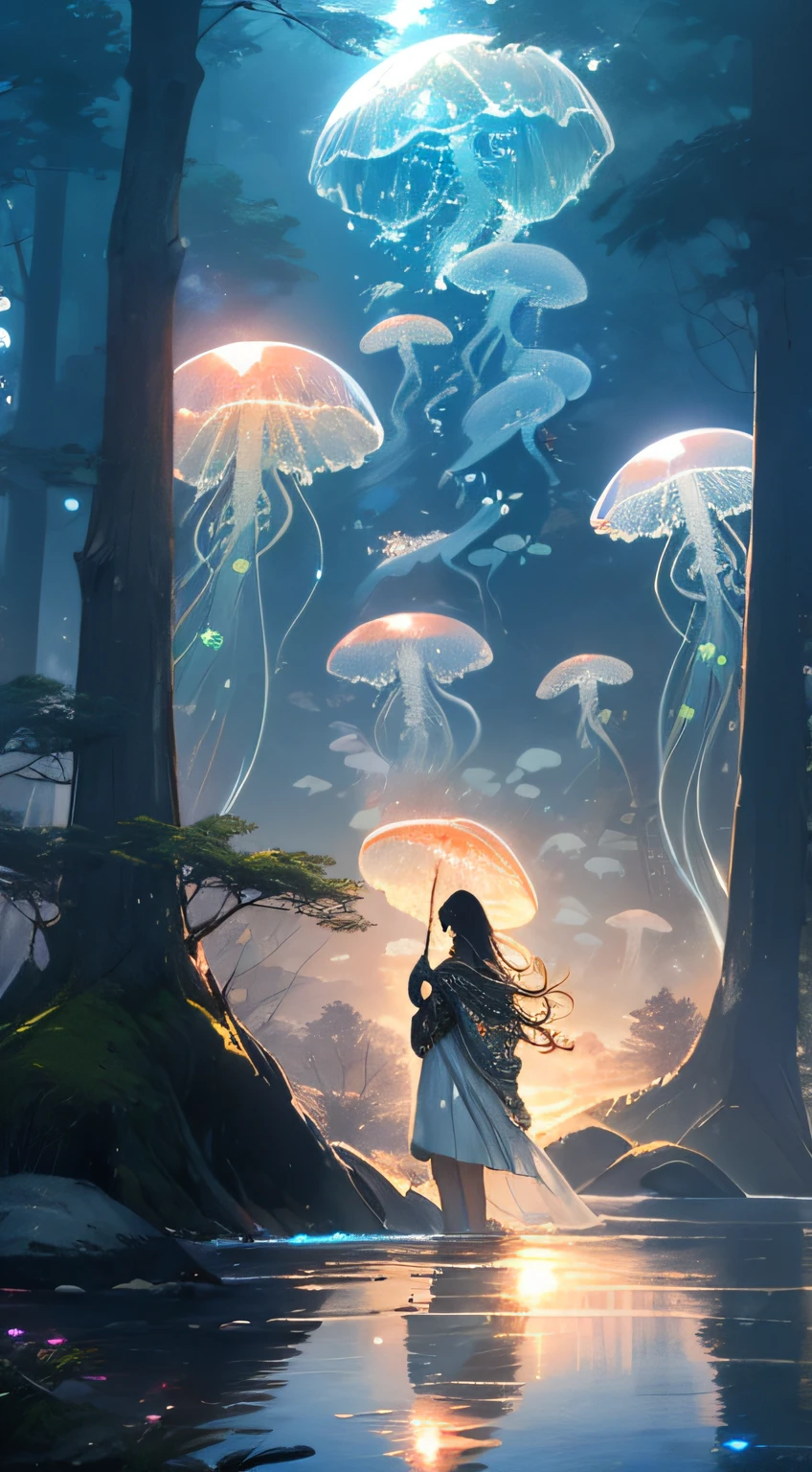 green jellyfish,(jellyfishforest:1.4), 1girl, mushroom, dress, long hair, scenery, white dress, solo, nature, water, wading, outdoors, tree, standing, black hair, fantasy, forest