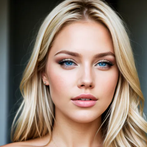 a headshot of a blonde woman with blue eyes and plump lips hyper realistic