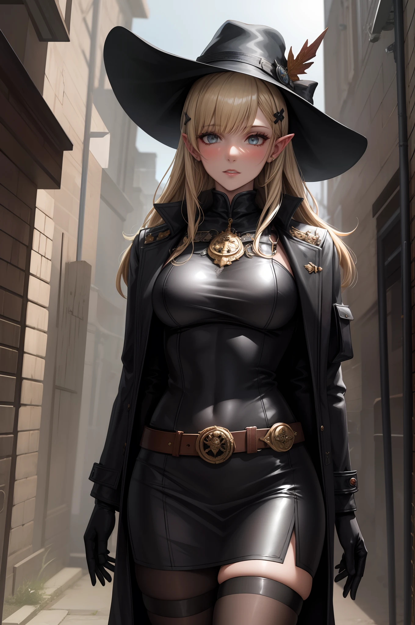 (style-rustmagic:0.8), 1girl ,soro, pcsaren, hair bow, hair ornament, blunt bangs, blonde, pointed ears, (whore outfit), looking down, solo, half shot, detailed background, (glyphtech theme:1.1), inquisitor, silver trimmed elaborate intricate leather clothes, coat, straps, belts, buckles,  imperial seal, flasks, wide brimmed hat, dark medieval alley in background, autumn, occult atmosphere, dark lighting, shadows, warhammer dark fantasy,