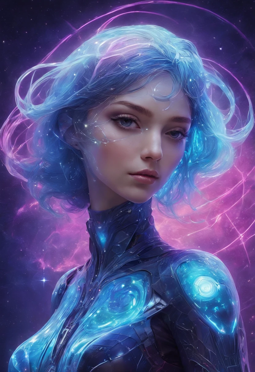 Imagine an electric blue nebula full of psychedelic colors and pulsating plasma streams. A cyborg, Half-human, half-robot, floats in space, Marvel at the alien technology that surrounds you. illustration, dark magic splash, Fantasy art, handpainted, emphasis lighting, Subtle movement effects, Best quality, art-deco, low poly, hyper HD, Golden ratio composition, ((pastelcolor)), (cel-shading style)Extremely saturated image (Saturation 10) inked-art, Bold lines, Illuminated by the stars