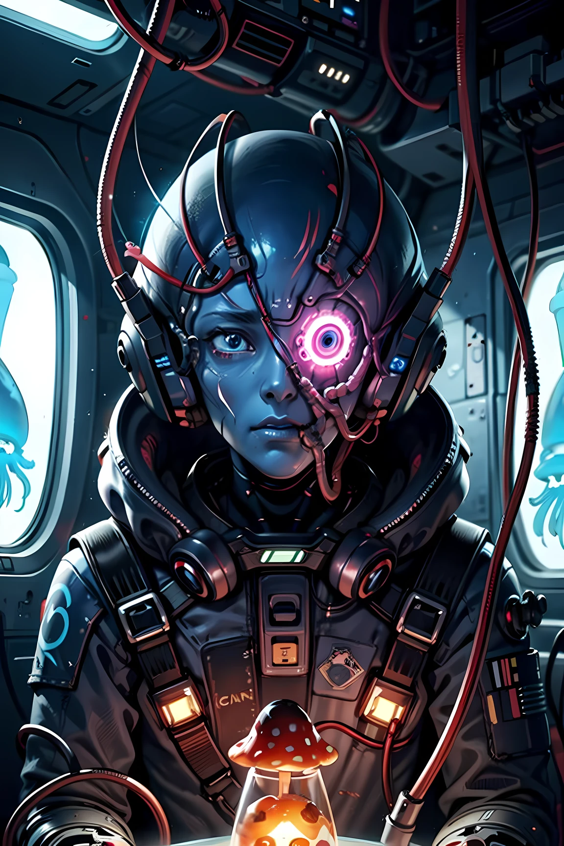 extraterrestrepunk, extraterrestre bleu, corps de cyborg, visage de méduse bio,  sens tactile, fil, mecha, visqueux、Visage avec substance collante、sur un vaisseau spatial cyborg érodé par des champignons,