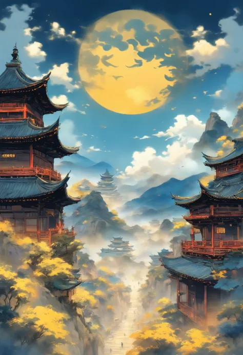 A vertical poster, a massive yellow moon in a deep blue sky, clouds floating by, hills in the faraway, a hamlet with old Chinese buildings in the middle ground, a pagoda in the front ground, ink wash painting, similar to the style of [Shan shui], [Ni Zan],...