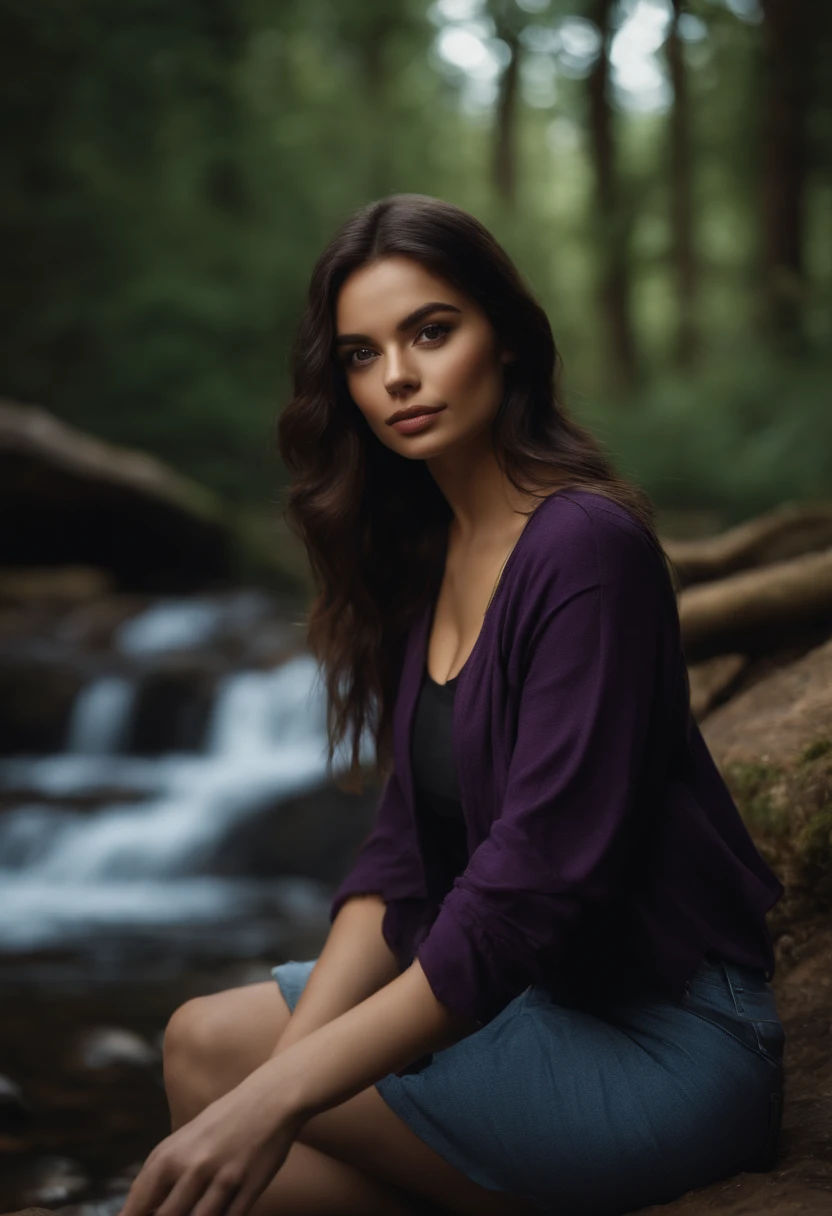 A woman sitting on a rock in a forest next to a river - SeaArt AI