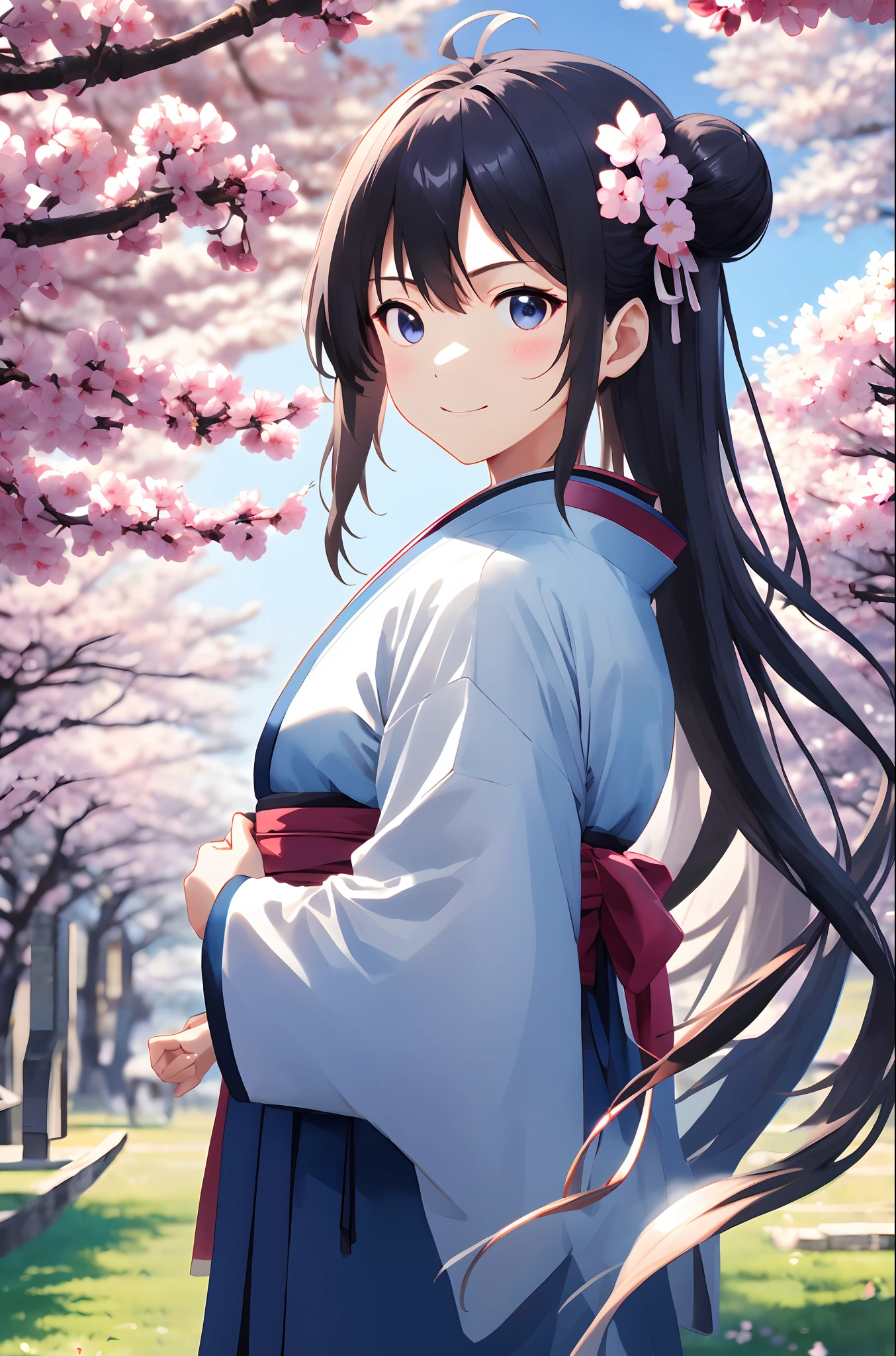 ((masterpiece,best quality)),2girls, black kimono, black legwear, black ribbon, black hair, cherry blossoms, day, flower, hair bun, hair ribbon, japanese clothes, kimono, long hair, looking at viewer, looking back ，多个女孩，腰带，户外，红眼睛，红头发，缎带，凉鞋，单人发髻，楼梯，站立，雕像，鸟居，树，白色和服，黄色眼睛