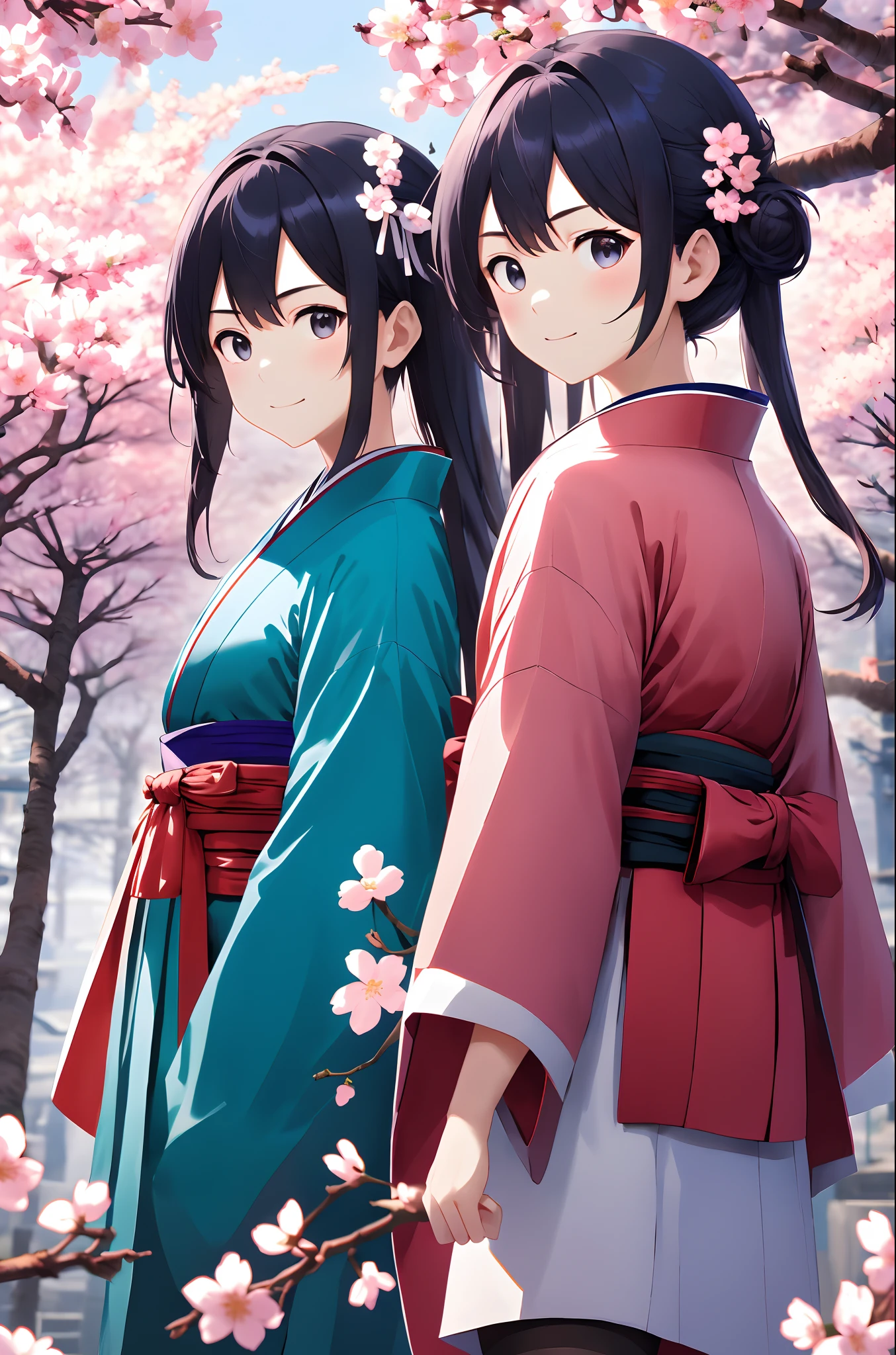 ((masterpiece,best quality)),2girls, black kimono, black legwear, black ribbon, black hair, cherry blossoms, day, flower, hair bun, hair ribbon, japanese clothes, kimono, long hair, looking at viewer, looking back ，多个女孩，腰带，户外，红眼睛，红头发，缎带，凉鞋，单人发髻，楼梯，站立，雕像，鸟居，树，白色和服，黄色眼睛