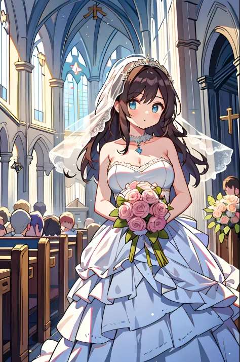 1girl, large breasts, wedding dress, church, looking at viewer, holding bouquet,