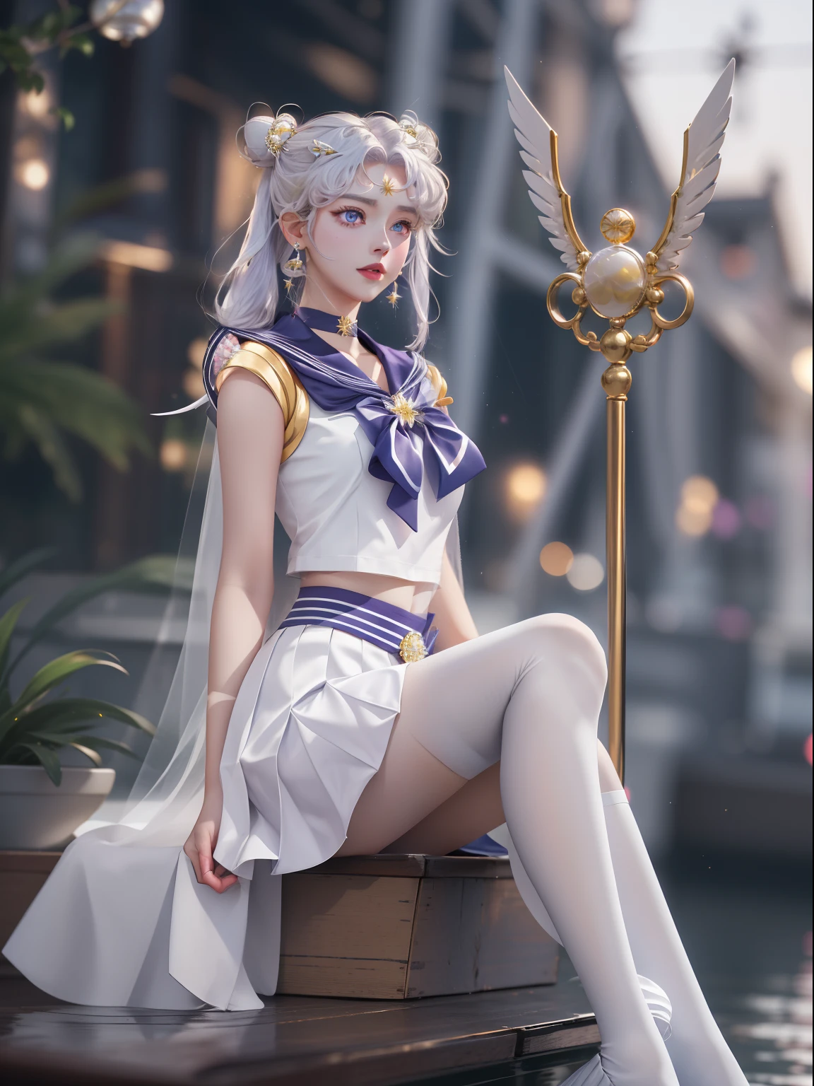 Photorealistic, (Hyperrealistic:1.2), (Extremely detailed Cg Unity 8K wallpaper), (Ultra-detailed), Masterpiece, Best quality, 1girll, Mariner Universe,, full bodyesbian,  Solo, Long hair, Skirt, hair adornments, double tails, jewelry, Purple eyes, White hair, Pleated skirt, Earrings, choker necklace, Sailor collar, hair-bun, Cape, Character name, double bun hair, face markings, White skirt, corsage, White sailor collar, Hairpin, forehead mark, a white choker, Sailor senshi uniform, holding staff，White stockings