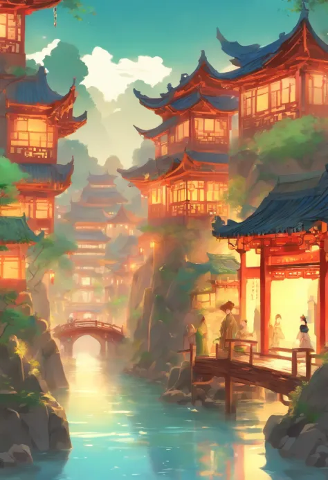 In the picture book, there is a painting of a Chinese water village, which has an ancient style, and there are many lovely little people in the painting. There were buildings on the road, arched Bridges, and people dressed in Tang Dynasty costumes. It is s...