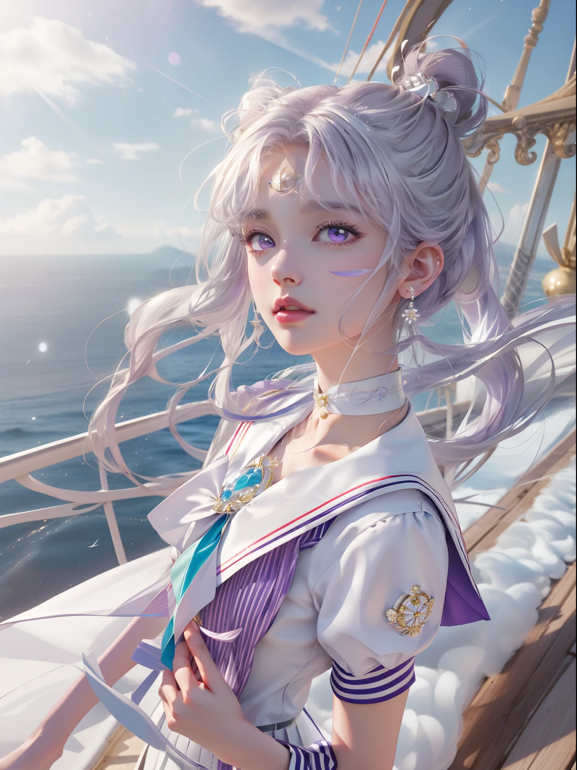 Photorealistic, (Hyperrealistic:1.2), (Extremely detailed Cg Unity 8K wallpaper), (Ultra-detailed), Masterpiece, Best quality, 1girll, Mariner Universe,, full bodyesbian,  Solo, Long hair, Skirt, hair adornments, double tails, jewelry, Purple eyes, White hair, Pleated skirt, Earrings, choker necklace, Sailor collar, hair-bun, Cape, Character name, double bun hair, face markings, White skirt, corsage, White sailor collar, Hairpin, forehead mark, a white choker, Sailor senshi uniform, holding staff，White stockings