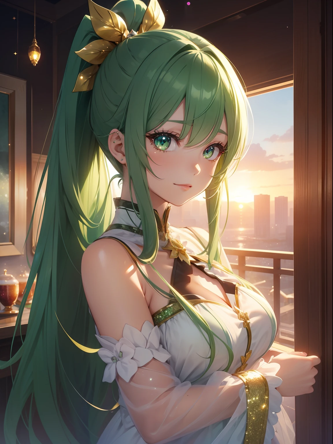 masutepiece, High resolution, 8K, anime woman, Delicate and detailed writing 、Detailed digital illustration、absurdly long hair、(((Ponytail)))、Shiny hair、a very beautiful woman、Eyes are double, Large,Little hanging eyes、 Bust E Cup、High image quality, High quality、Detailed background、((Detailed and beautiful sunset sky background))、The inside of the eye shines like a diamond、(((Dark green hair)))、Gradient pupil、(((2 arms、4 fingers, 1 thumb)))、Detailed female face、a very beautiful woman、、Detailed background、​masterpiece、Soft Focus , Bright gradient watercolor , Lens Flare , (((glitter))) , Glow , Dreamy ,a miniskirt、idol、Light Green Ribbon、Very beautiful light green rose hair accessories、Light green and gold costume with white as the main color、((Macroface))、(Cool Girl).Tall lady、Dignified.((No bangs))、A smile、