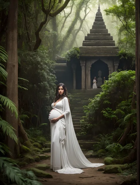 Masterpiece, full body pregnant woman in white dress, white cloth, dressed, completely, white clothes, deep in a dense jungle, h...