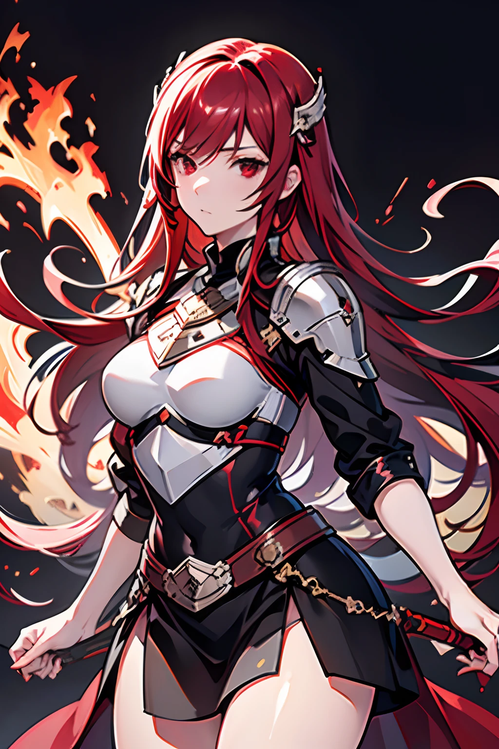 (masuter piece,Best Quality,Ultra-detailed), 1womanl, female focus on, solo, red hairs, Long hair with fringe, red eyes, Look at viewers, Genuine leather sword belt, Fighting Queen,nobles,a closed mouth, bangss, Fantasy aesthetics, Female knight, a sorceress,Fire emblem,Dagger decoration