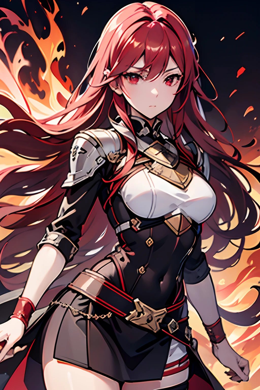 (masuter piece,Best Quality,Ultra-detailed), 1womanl, female focus on, solo, red hairs, Long hair with fringe, red eyes, Look at viewers, Genuine leather sword belt, Fighting Queen,nobles,a closed mouth, bangss, Fantasy aesthetics, Female knight, a sorceress,Fire emblem,Dagger decoration