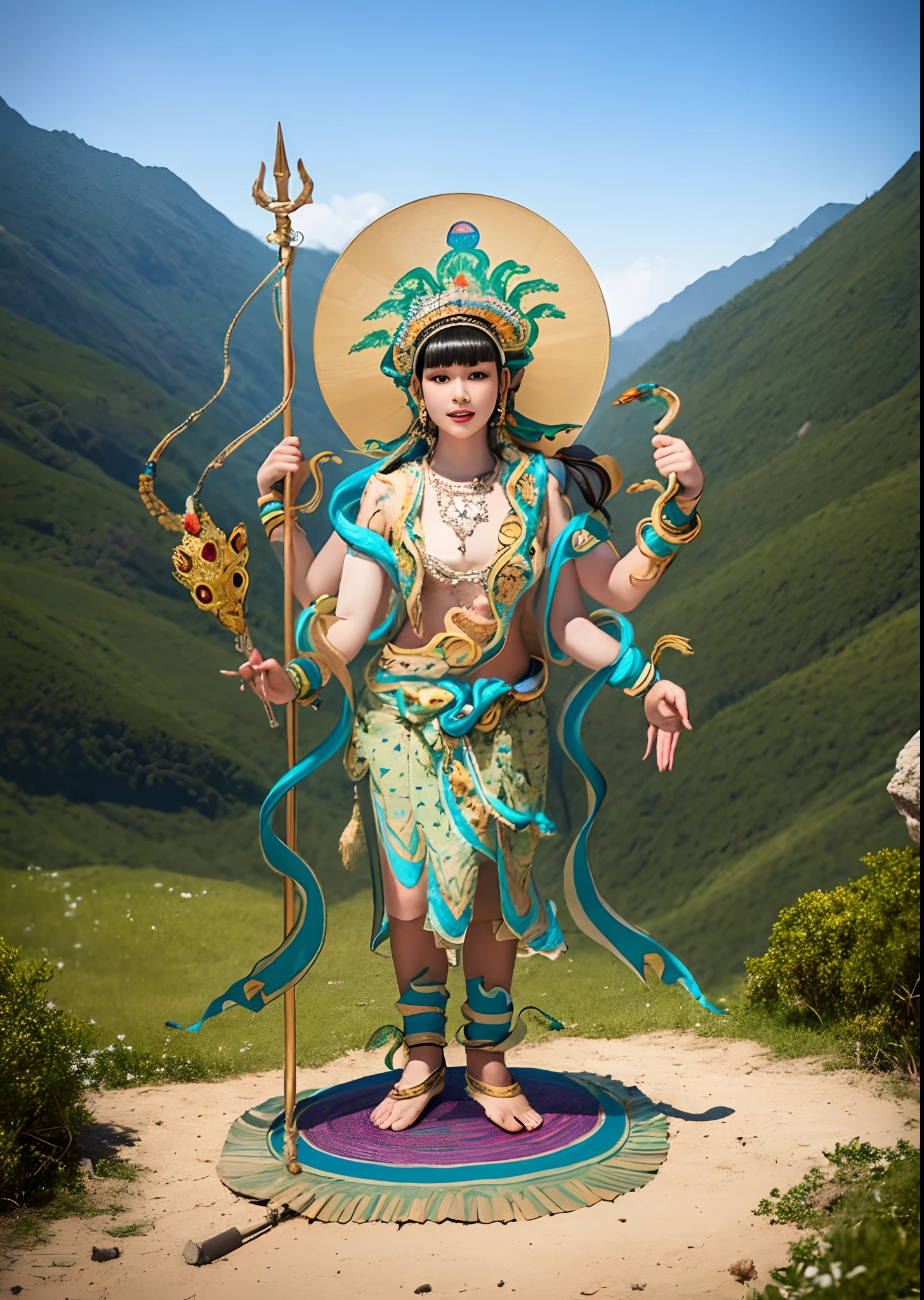 1girll，10 years old child，Stand in a valley full of mandala flowers，（（（Green skin））），Gem Necklace，Exquisite headdress，Long hair hanging down the shoulders，There are six snakes on top of their heads，Snake in hand，The body is decorated with snakes，Four arms，A snake wrapped around his wrist，The ankles are wrapped around the snake，（The union of man and black snake），Solo, The waist is（（deerskin））, The upper body is covered（deerskin,） Holding a fan made of peacock essence in his hand， Trident weapons, Streamers，shaded_face, Pretty big breasts，Head background with round light，Alpine snow-capped mountains in the distance，Bright sky，Sunny picture，offcial art, (Extremely detailed Cg Unity 8K wallpaper), (Photorealistic:1.4), (Masterpiece), (Best quality:1.2)，Light and shadow tracking，Super HD