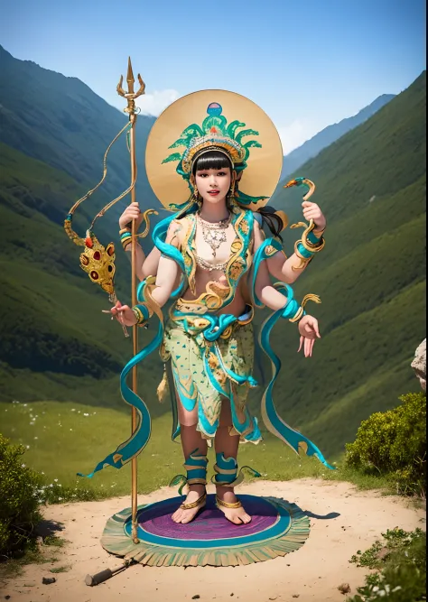 1girll，10 years old child，Stand in a valley full of mandala flowers，（（（Green skin））），Gem Necklace，Exquisite headdress，Long hair ...