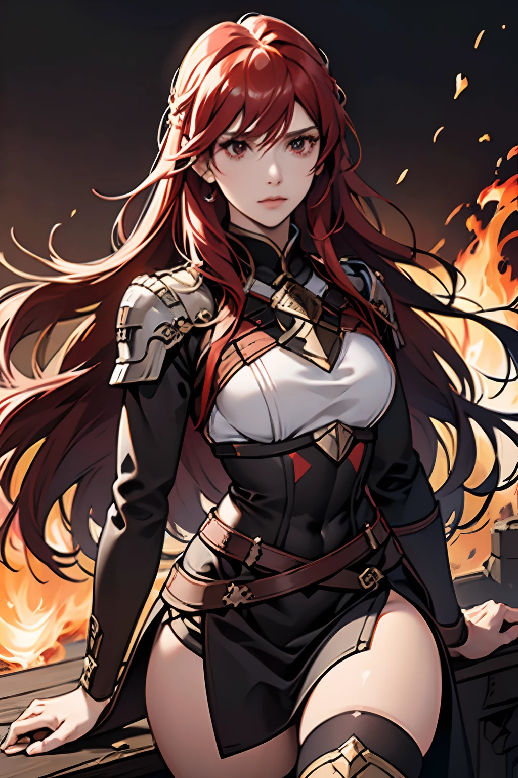 (masuter piece,Best Quality,Ultra-detailed), 1womanl, female focus on, solo, red hairs, Long hair with fringe, red eyes, Look at viewers, Genuine leather sword belt, Fighting Queen,nobles,a closed mouth, bangss, Fantasy aesthetics, Female knight, a sorceress,Fire emblem,Dagger decoration