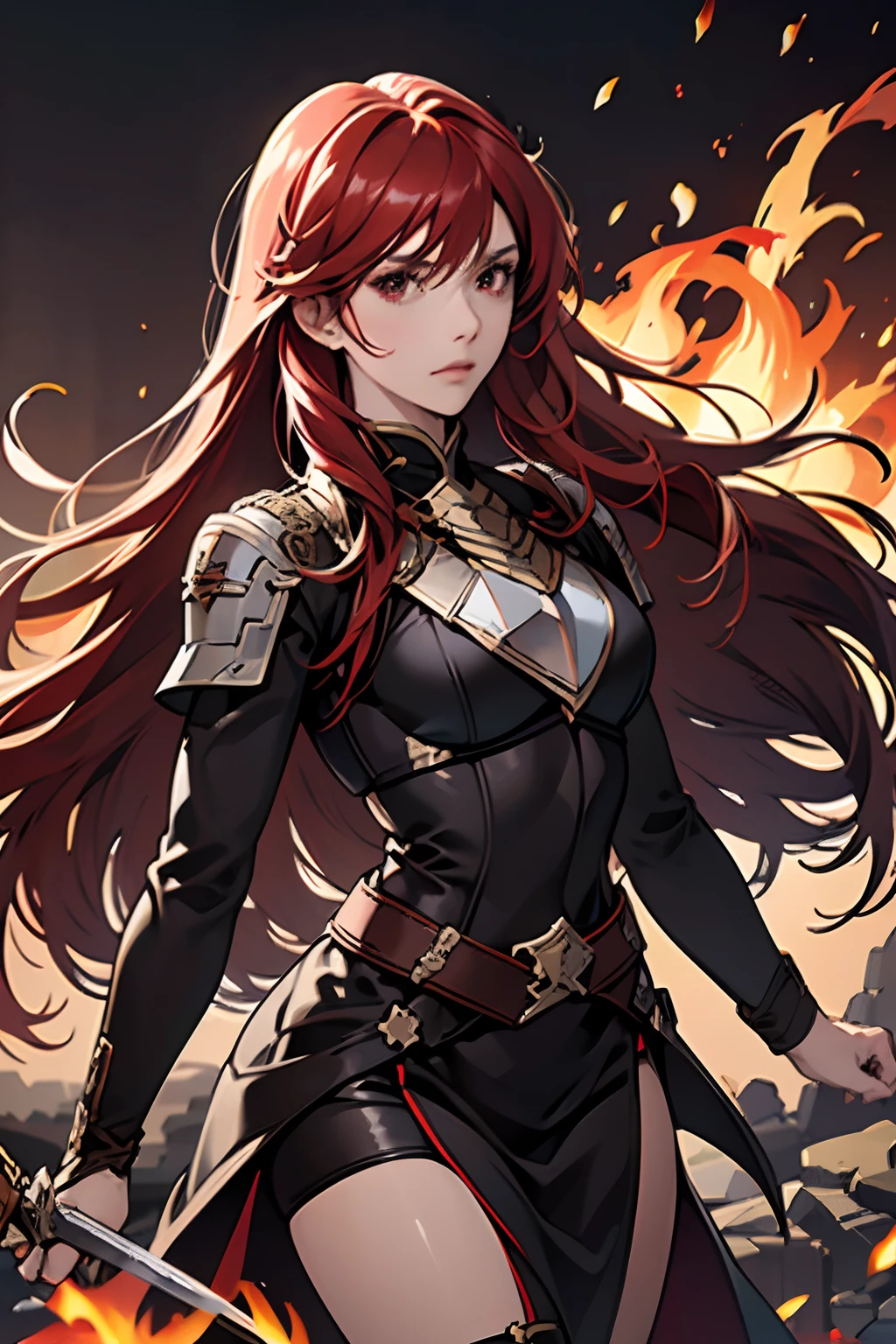 (masuter piece,Best Quality,Ultra-detailed), 1womanl, female focus on, solo, red hairs, Long hair with fringe, red eyes, Look at viewers, Genuine leather sword belt, Fighting Queen,nobles,a closed mouth, bangss, Fantasy aesthetics, Female knight, a sorceress,Fire emblem,Dagger decoration