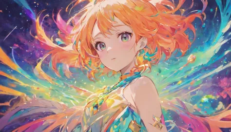 Full body close-up of a woman with colorful hair and necklace, anime girl with cosmic hair, rossdraws pastel vibrant, Guviz-style artwork, Fantasy art style, Colorful]”, vibrant fantasy style, rossdraws cartoon vibrant, cosmic and colorful, Guviz, colorful...