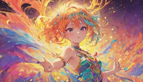 Full body close-up of a woman with colorful hair and necklace, anime girl with cosmic hair, rossdraws pastel vibrant, Guviz-style artwork, Fantasy art style, Colorful]”, vibrant fantasy style, rossdraws cartoon vibrant, cosmic and colorful, Guviz, colorful...