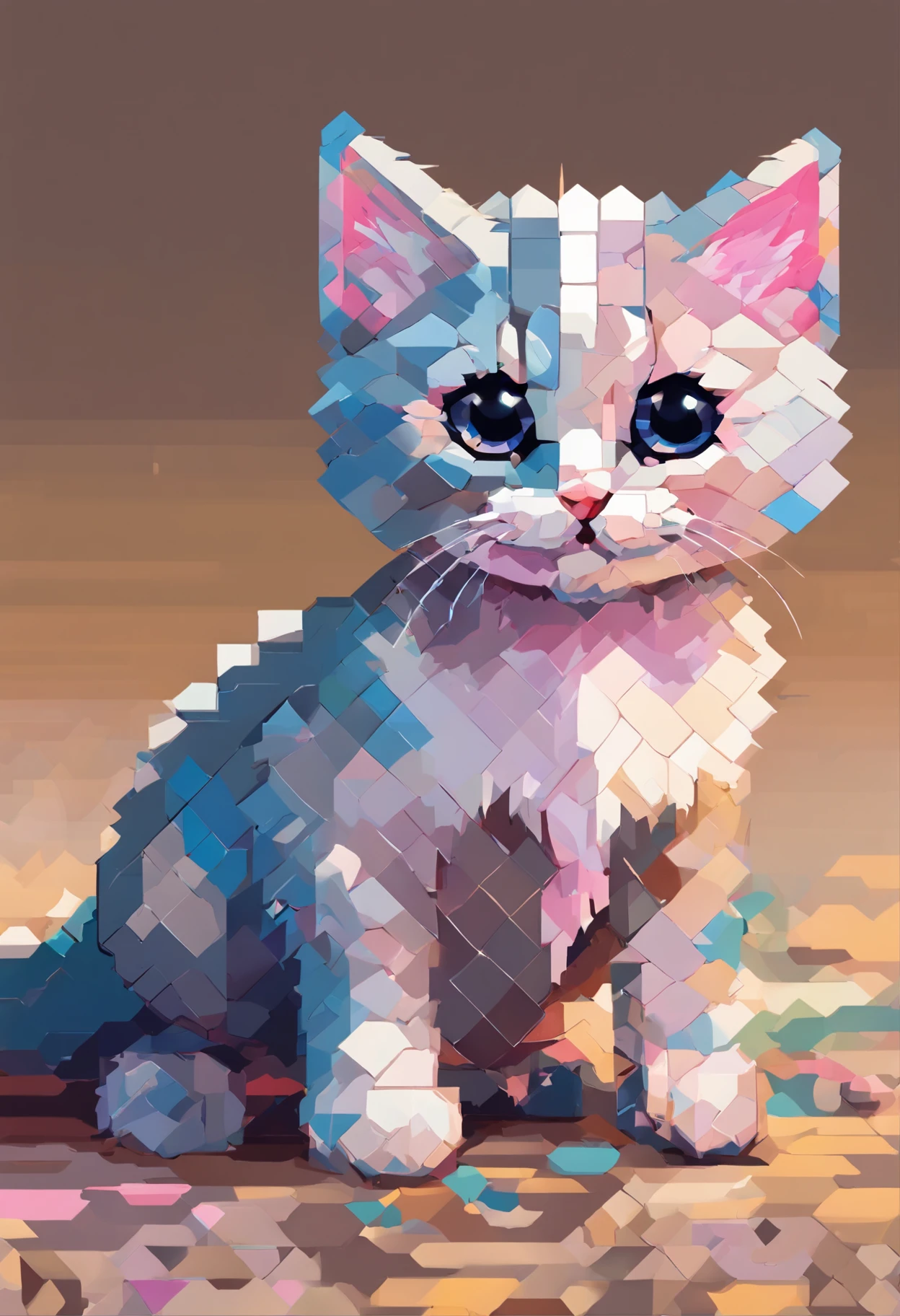 Cute kitten in pixel art,Kittens,Frolicking kitten,3D pixel art 4K wallpaper. Incredible pixel art details. Pixel art. steam wave. Detailed Unreal Engine pixel art,"Generate cute kitten pixel art,This kitten is bright in color.,Hope you're in an adorable pose,Although any cat breed does not matter,if possible, Drawing a kitten with big eyes"