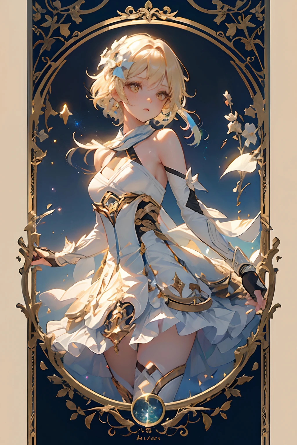 1 girl solo, short blond hair, white flower hair ornament, white dress, bare shoulders, detached sleeves, long white stockings, fingerless gloves, iridescent light, glowing rainbow crystals, sparkles, stars, floating in space, dark background with stars and galaxies, golden frame