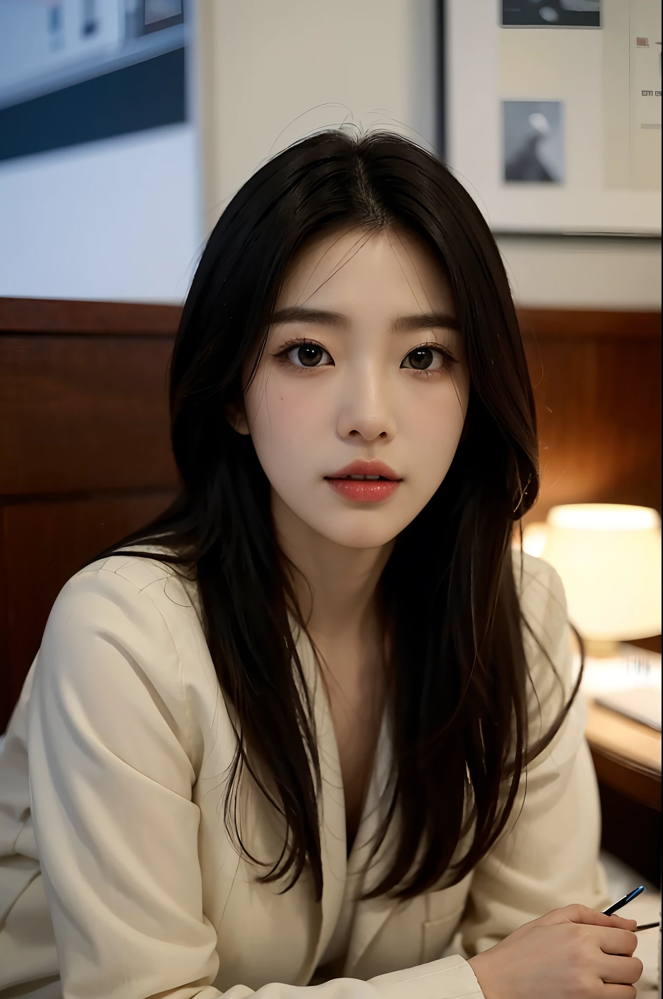 高解像度, 完璧な肌を持つプロの韓国人オフィスレディのリアルな肖像画，プロフェッショナルスーツ，レディーススーツ，立つ姿勢，体の上部，職場における女性，自信と成熟度を示す, 近代的な企業環境に囲まれた, 鮮やかで自然な光のハイライト. アートワークは彼女の優雅な顔立ちを強調するべきである, 魅力的な長い目を含む, 揺れるまつげと魅惑的な唇. シーンはプロフェッショナリズムと視覚的な魅力の要素で強化されるべきである，例えば, スタイリッシュなワークデスク, メインフレームコンピュータ, 高解像度olution display, 複雑な文房具. 全体的なトーンは暖かくプロフェッショナルなものでなければならない, 柔らかく自然なカラーパレット. アートワークはプロフェッショナルな感覚を醸し出すものでなければならない, 成功, 文化的な誇り，背景がぼやけている