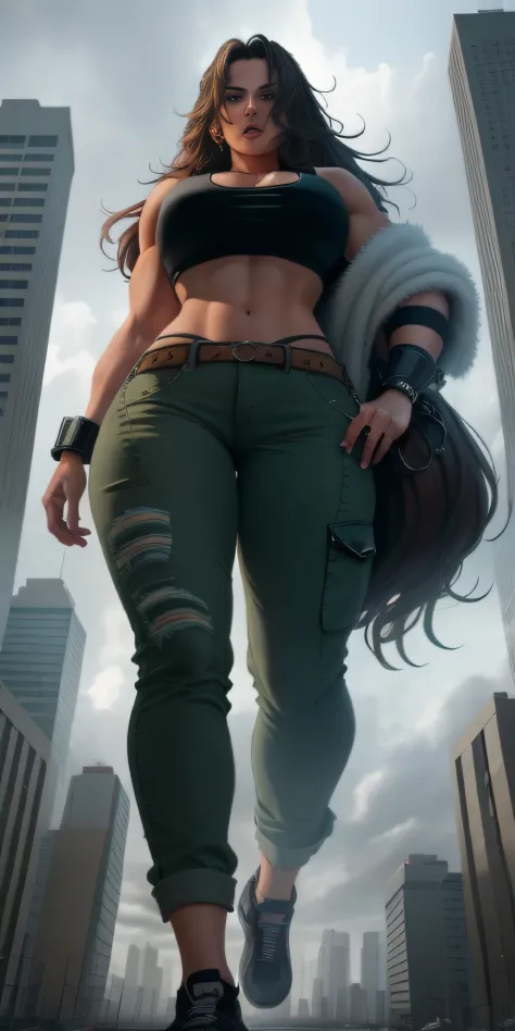 "A towering Muscle Giantess in a cool and laid-back hippie style is rocking a crop top and baggy pants. Her toned and athletic build hints at her massive strength. She seems to be casually strolling through the bustling cityscape of GTS City, as towering b...