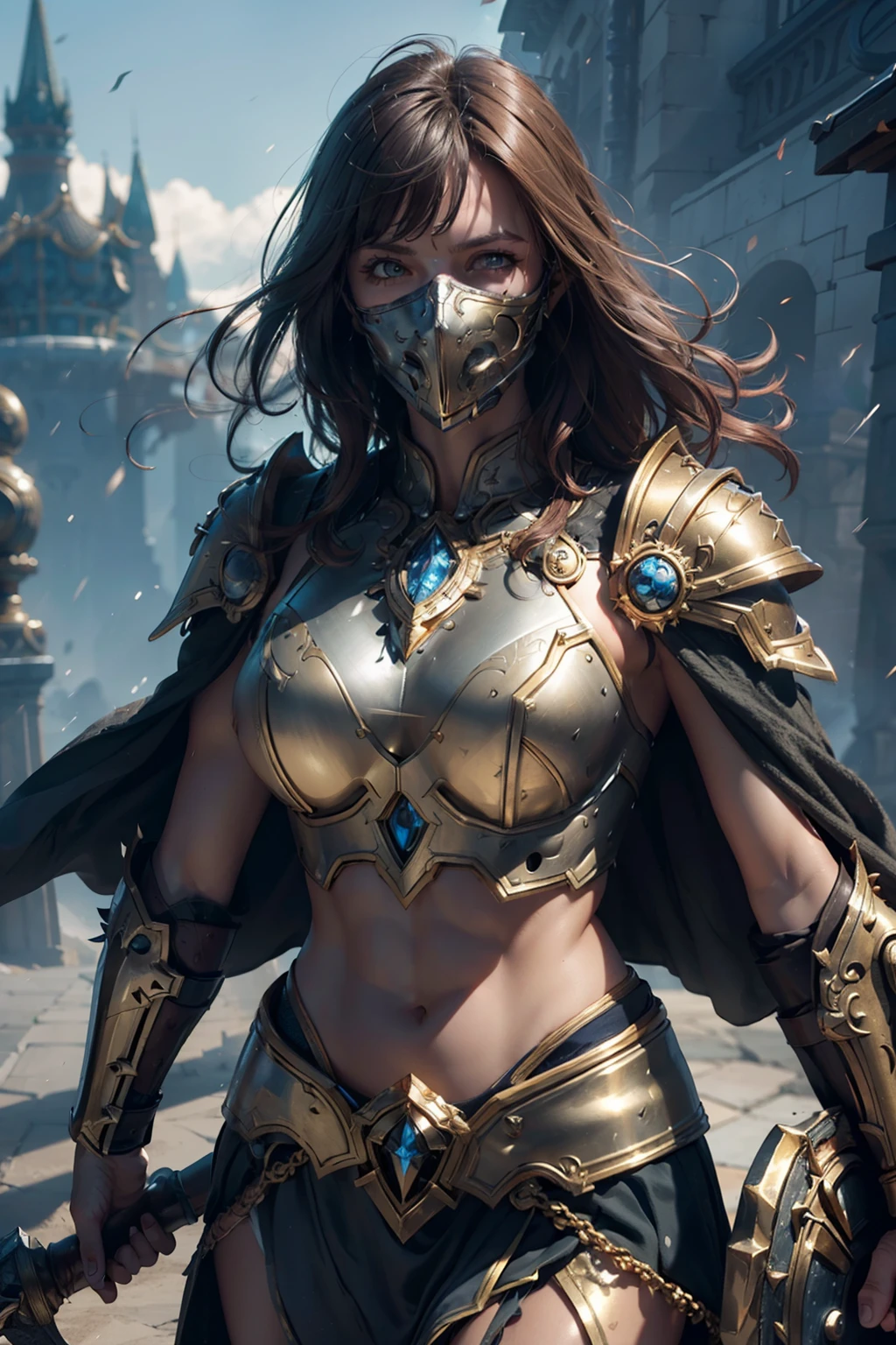 ((Well toned abs)), 8K, Ultra Definition, Mask pieces, of the highest quality, (Very detailed), Dynamic angles, mysterious look, Wind-effect, Fantasy background, Rim lighting, Cinematic lights, Ultra High Resolution, 8K UHD, Film grain, better shadows, Gentle, raw, light Particle, Detailed skin texture, detailed armor texture, Detailed face, Intricate details, super detailed, Bright, Strong, golden armour, (Holding hammer), Slashing, Crushing action, pauldron, Long cape, Fantasy, (Realistic), Shoulder Armor, Convoluted, with an intricate, Perfect Lighting, watching viewer, Cinematic lighting, Flying Keywords: Flying, Holy Light, Vibrant, Bangs, Wind, Paladin