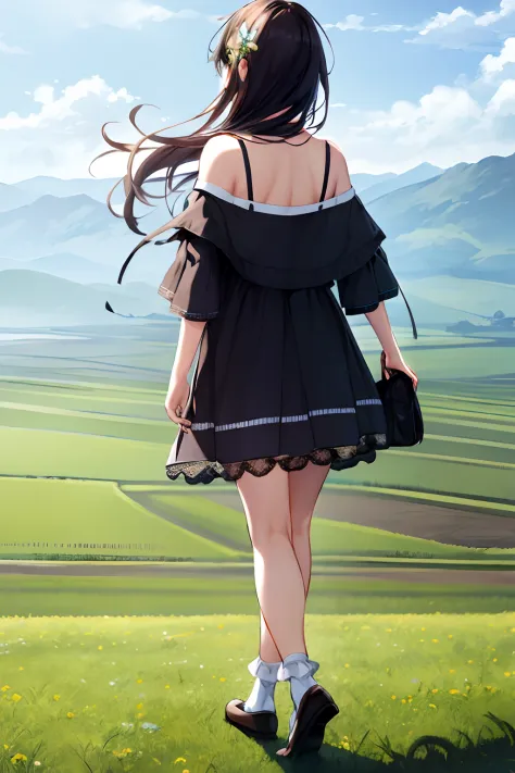 masterpiece,highres,extremely detailed CG unity 8k wallpaper, best quality, ultra-detailed, (best shadow), woman, mature, landscape,flower, off-shoulder dress, long hair,adjusting hair,floating hair,meadow, sunlight,day,cloudy sky,standing,castle,((from be...
