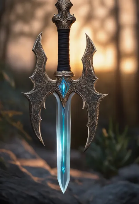 Light Dagger that was enchanted with a magical light element, The hilt of the dagger is intricately designed with ethereal patterns that seem to glow softly. The blade emits a gentle, steady light that illuminates the area around it. Hyperdetailed, detaile...