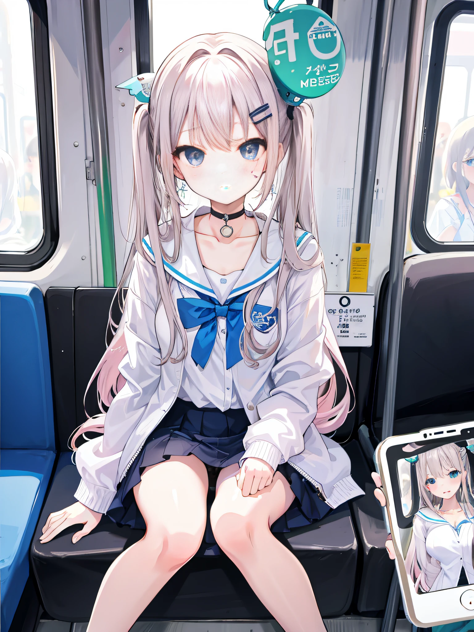 Anime girl sitting on a bus with a phone in her hand - SeaArt AI