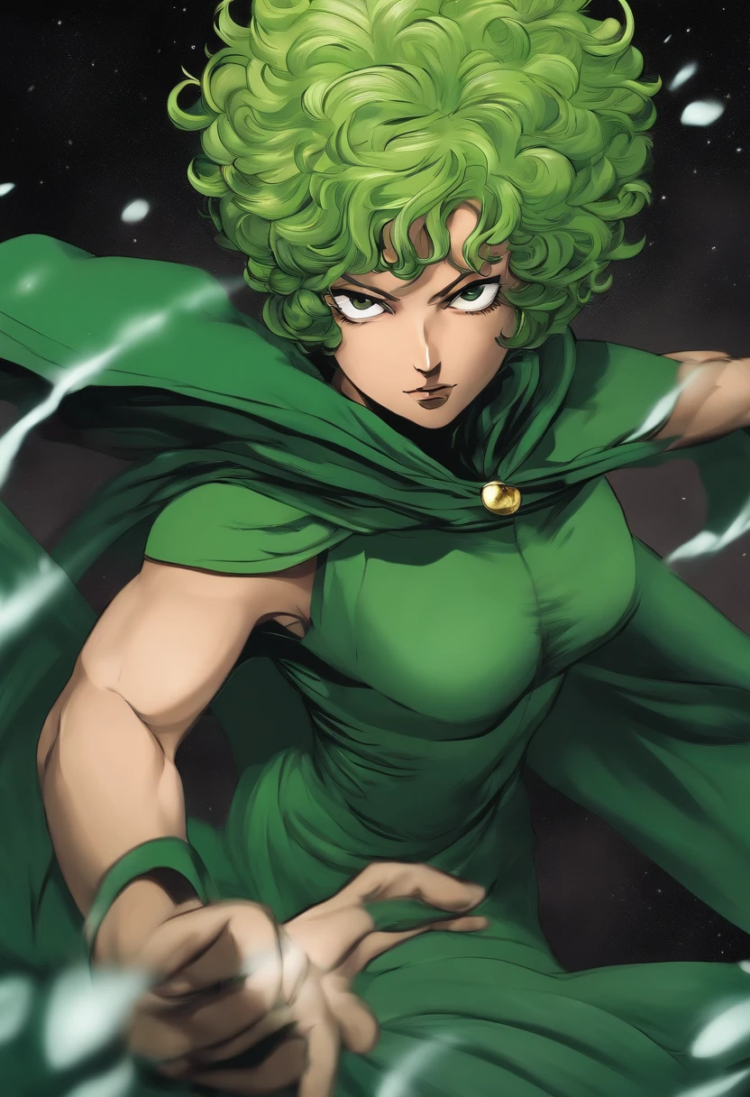 A close up of a woman with green hair and a cape - SeaArt AI