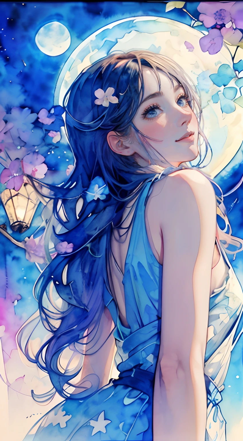 8K,​masterpiece,top-quality, (From below:1.6), the night，fullmoon，A slight smil，Look at the lens 1 30 year old girl, A slight smil,Portrait, Floral, watercolor sketch, light, Long hair, watercolor paiting \(Medium\),watercolor paiting,Tank Tops,Wrap Dresses