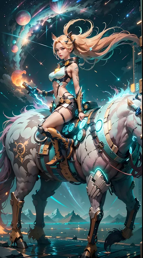 In a very grand scene，The extra-large wide-angle lens captures the appearance of a female centaur。（She is traveling through the stars：9.9），She is tall，It has the ultimate curvy beauty，The muscles are slender and firm，Beautiful lines。Her facial features are...