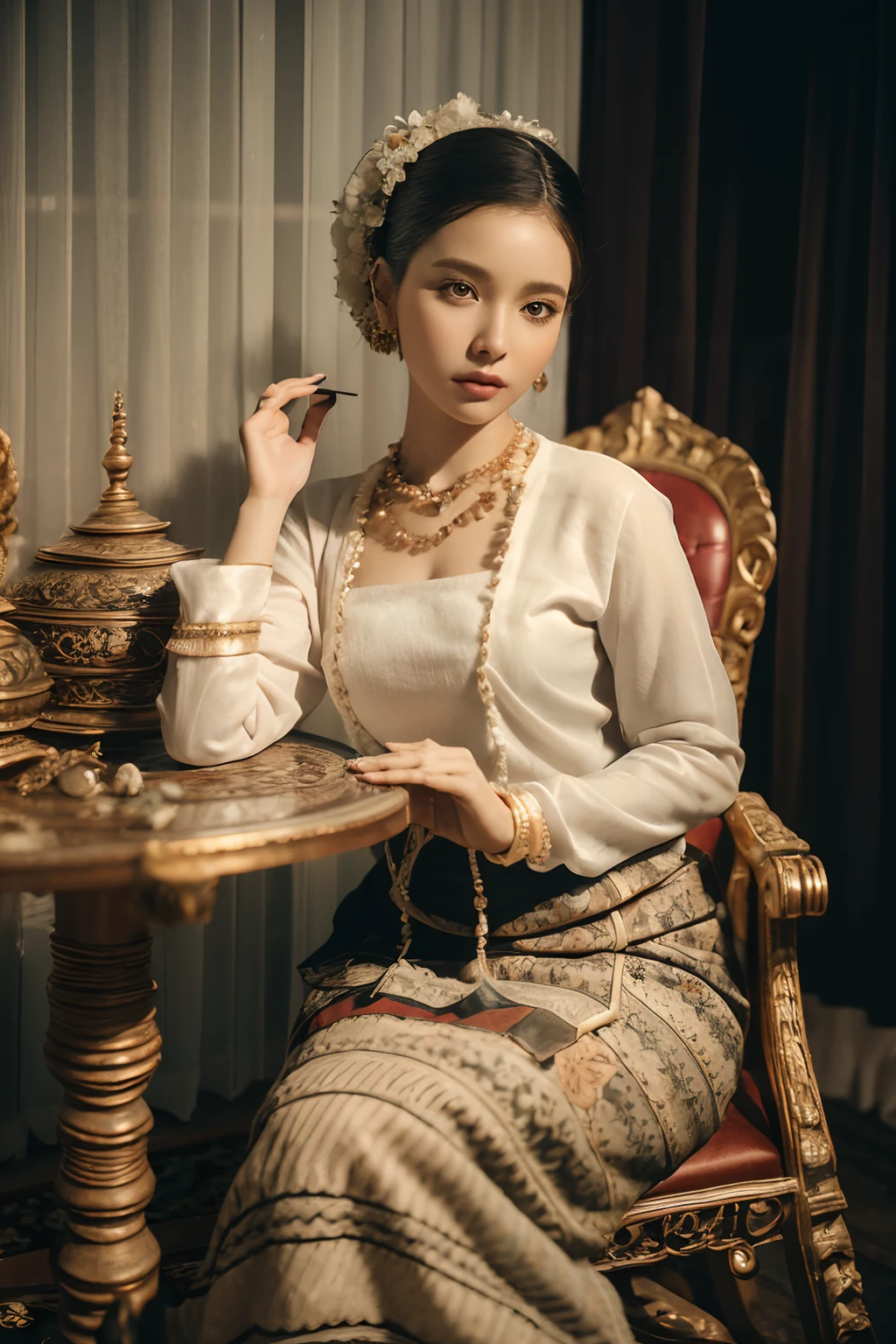 MMTD Burmese patterned traditional dress lady full body details, nice face, fair skin, traditional royal white dress, wearing Parel necklaces, traditional hair style, long scarf on shoulder, sitting on traditional style golden chair look like throne, traditional water jar , cup on tray on a classic table nearby, best composition, full view covered shot, cenimatic lightning and ultra realistic details, octane rendering, sharp focus, unreal engine,32k hd resolution, masterpiece of photography, prize winning award level picture, perfect anatomy